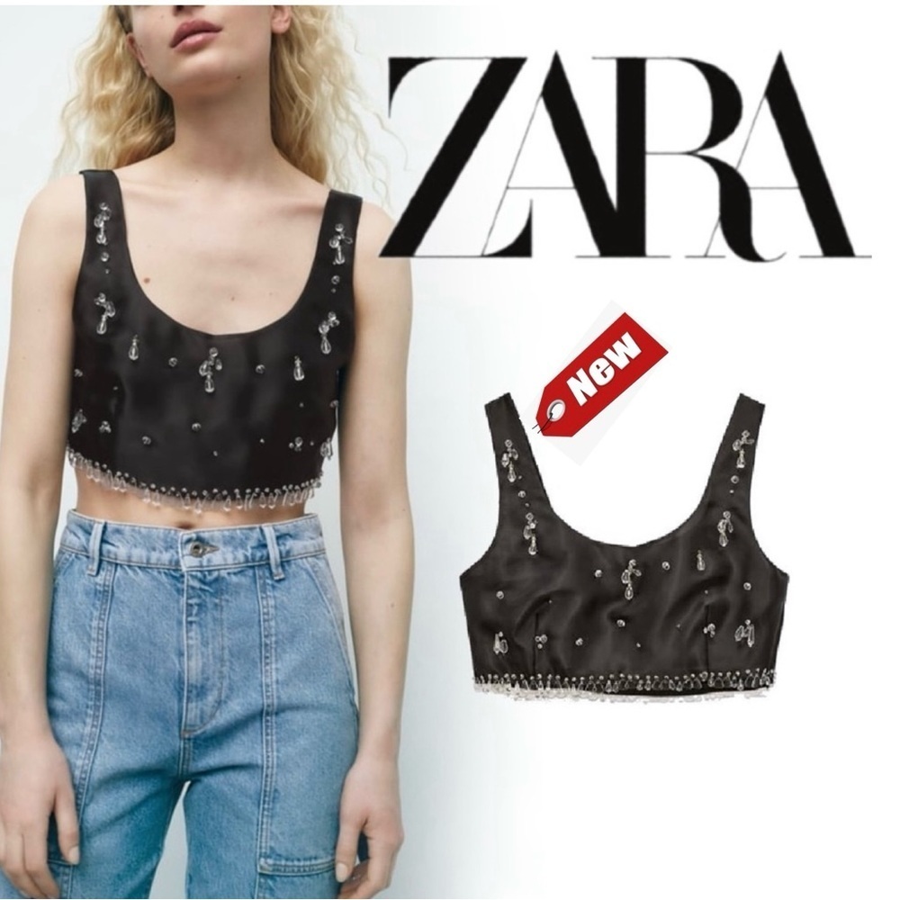 Zara limited edition black clear beaded jewelled sleeveless crop top Sz S NWT - Picture 1 of 16